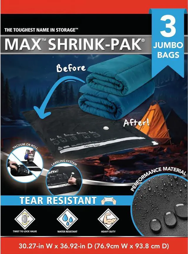 Main image of Shrink-Pak Vacuum Seal Storage Bags for Clothing, Travel, Bedding | Tear & Water Resistant, Dual-Valve Space Saver Compression Bags, Pump Included - Jumbo (30x36 Inch), 3-Pack