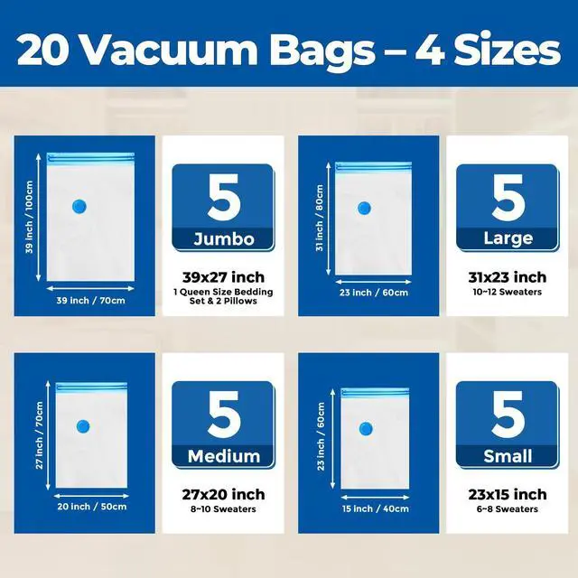 Alt view image 2 of 6 - Vacuum Storage Bags for Travel, Vacuum Seal Bags for Clothes and Travel, Space Saver Bags in Multiple Carry-On Sizes, Perfect for Luggage and Suitcases, 20 Combo