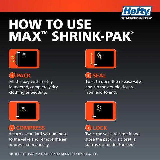 Alt view image 6 of 7 - Hefty MAX Shrink-Pak Vacuum Seal Storage Bags for Clothing, Travel, Bedding | Tear & Water Resistant, Dual-Valve Space Saver Compression Bags - Large, 4-Pack