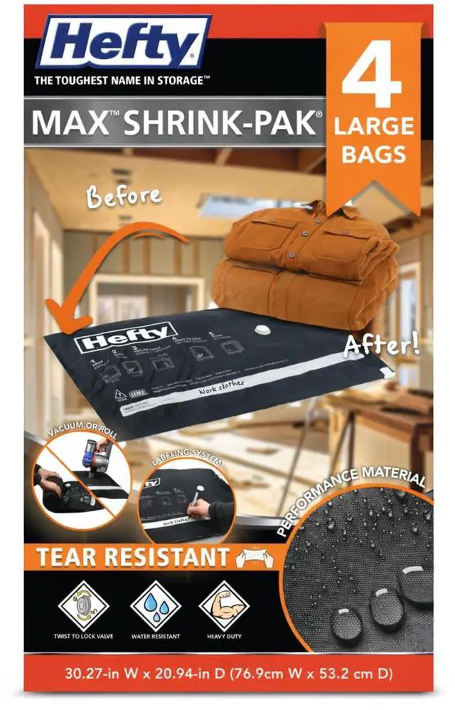Main image of Hefty MAX Shrink-Pak Vacuum Seal Storage Bags for Clothing, Travel, Bedding | Tear & Water Resistant, Dual-Valve Space Saver Compression Bags - Large, 4-Pack