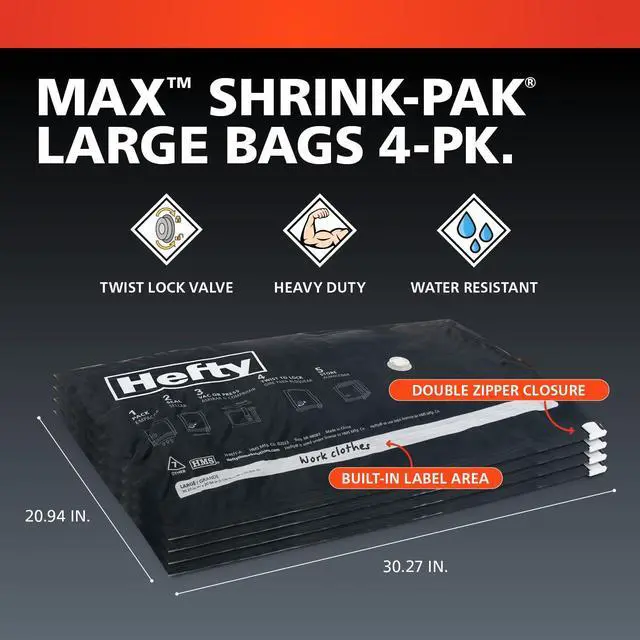 Alt view image 4 of 7 - Hefty MAX Shrink-Pak Vacuum Seal Storage Bags for Clothing, Travel, Bedding | Tear & Water Resistant, Dual-Valve Space Saver Compression Bags - Large, 4-Pack