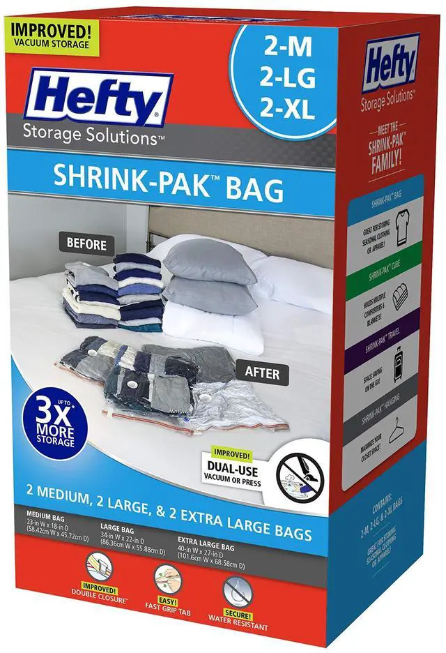 Main image of Shrink-Pak - 2 Medium, 2 Large, 2 XL Vacuum Seal Storage Bags Space Saver Bags for Clothing, Pillows, Towels, or Blankets, 6 Pc Set