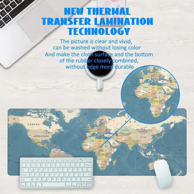 Alt view image 3 of 7 - Desk Mat, Blue Vintage World Map Extended Gaming Mouse Pad Large, 31.5"x11.8" Big Mouse Pad with Non-Slip Base and Stitched Edge, Long Computer Keyboard Mouse Mat for Home Office Work