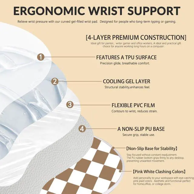 Alt view image 4 of 7 - Mouse Pad with Gel Wrist Rest for Mouse Ergonomic Mouse Wrist Rest Non-Slip Silicone Cool Clear Checkered Mousepad with Wrist Support for Computer Gaming Laptop Home Office Desk Accessory Brown Plaid