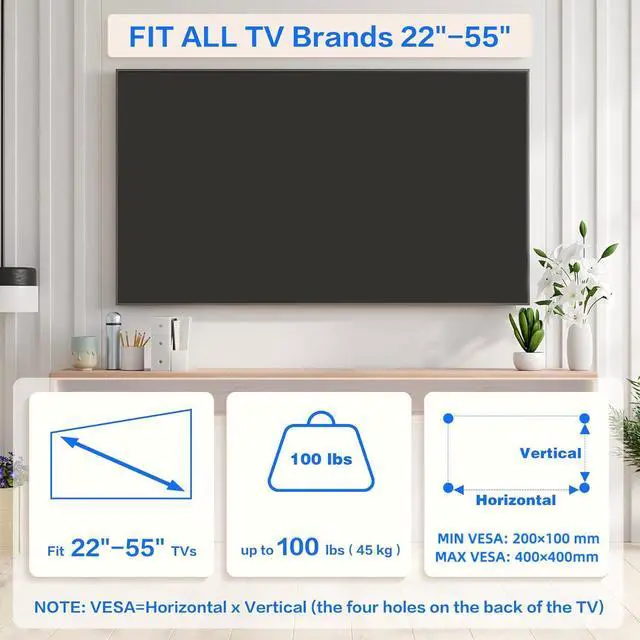 Alt view image 2 of 7 - No Drill Drywall TV Mount, No Stud TV Wall Mount for Most Brand 22-55 Inch TVs up to 100 lbs, Easy Install No Stud Studless TVs Wall Mount, Include All Hardware- Level Bubble Meter