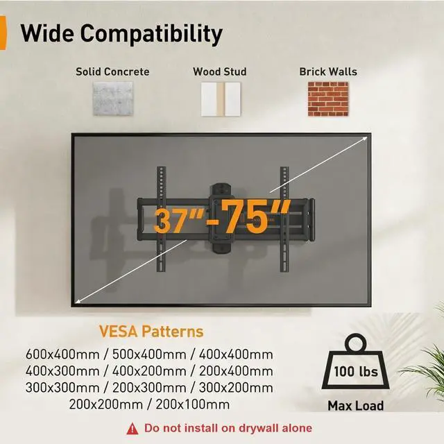 Alt view image 2 of 7 - Corner TV Wall Mount Long Arm TV Mount Bracket for 37-75 Inch TVs | Full Motion Wall Mount with 32.37 Extension & Swivel Articulating Arm & Tilt, MAX VESA 600x400mm, Holds up to 100 lbs