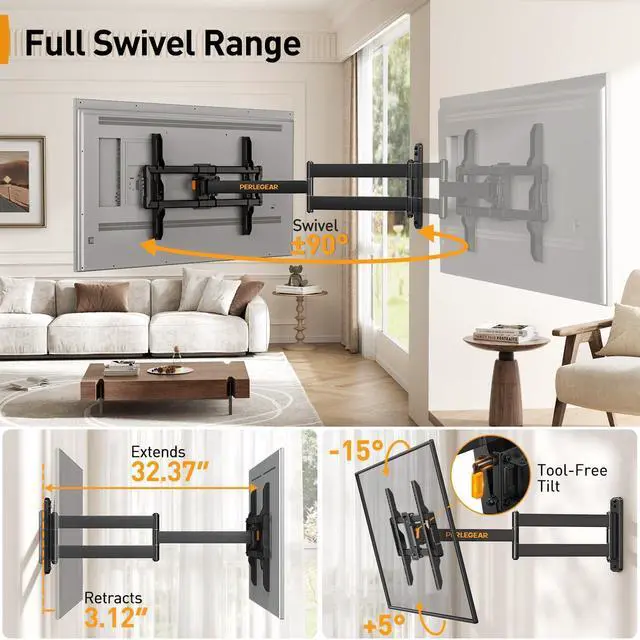 Alt view image 4 of 7 - Corner TV Wall Mount Long Arm TV Mount Bracket for 37-75 Inch TVs | Full Motion Wall Mount with 32.37 Extension & Swivel Articulating Arm & Tilt, MAX VESA 600x400mm, Holds up to 100 lbs