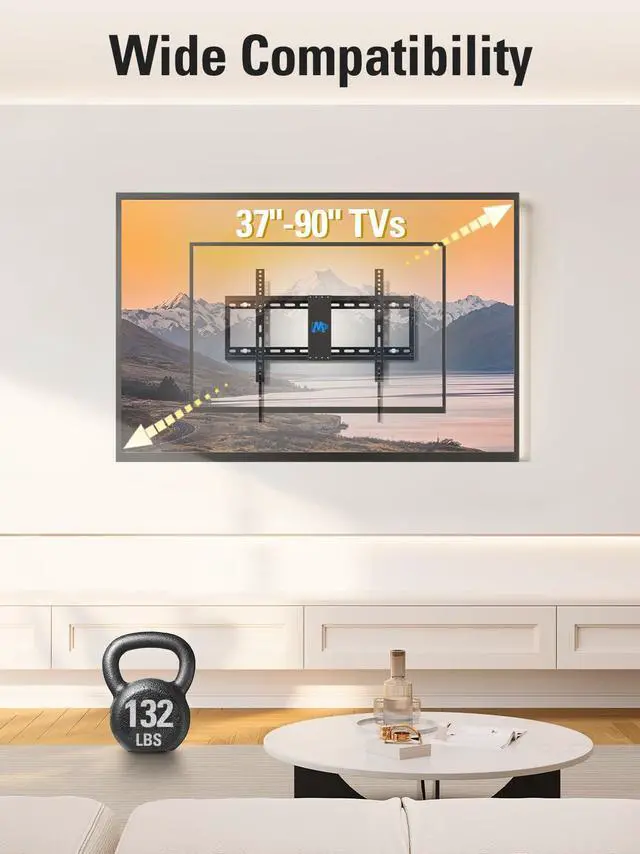 Alt view image 3 of 7 - TV Wall Mount for Most 37-90 Inch TVs, Universal Tilt TV Mount Fit 16", 18", 24" Stud with Loading Capacity 132lbs, Max Vesa 600 x 400mm, Low Profile Flat Wall Mount TV Bracket