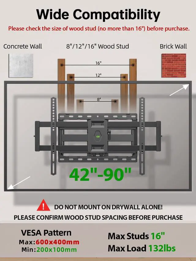 Alt view image 2 of 7 - Full Motion TV Wall Mount for Most 42-90 inch Flat Screen/LED/4K, TV Mount Bracket Dual Swivel Articulating Tilt 6 Arms, Max 16" Wood Studs, VESA 600x400mm, Holds up to 132lbs