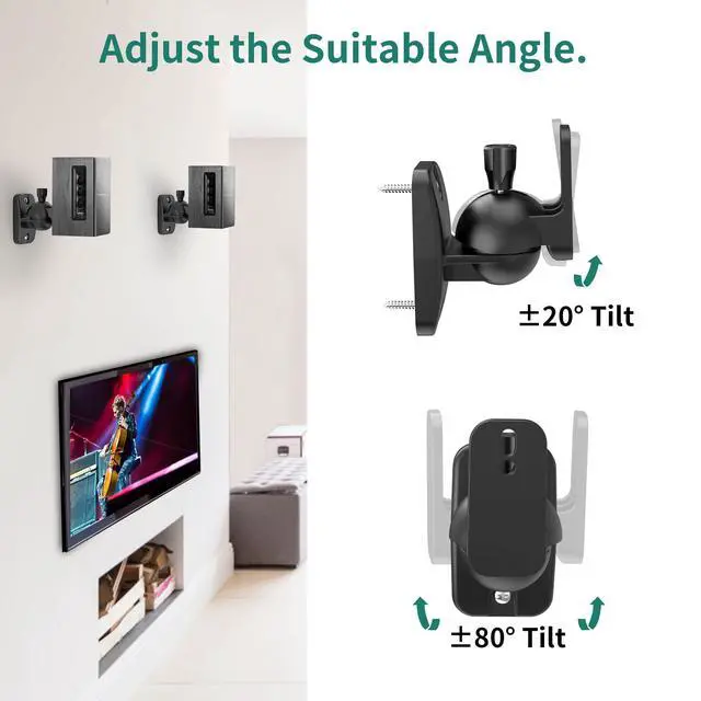 Alt view image 4 of 7 - Speaker Wall Mount Brackets - Surround & Bookshelf Speaker Wall Mounts Kit, Holds up to 8 lbs, 2 Pack, Black