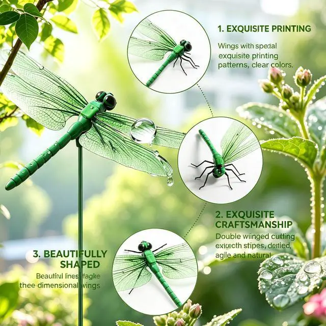 Alt view image 3 of 7 - 20Pcs 3D Fake Dragonfly Clips Bugs Repellent, Outdoor Flying Decorations with Metal Stakes, Decorative Yard Ornaments for Hat Golf Garden