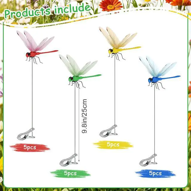 Alt view image 2 of 7 - 20Pcs 3D Fake Dragonfly Clips Bugs Repellent, Outdoor Flying Decorations with Metal Stakes, Decorative Yard Ornaments for Hat Golf Garden