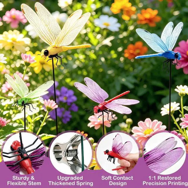 Alt view image 3 of 7 - 24 Pack Dragonfly Clips, Realistic Fake Dragonfly Hummingbird Garden Stakes, Multipurpose Plastic Yard Ornaments for Outdoor Decor, Patio, Hats, Fly Deterrent for Horses, Deer, Indoor Outdoor Use