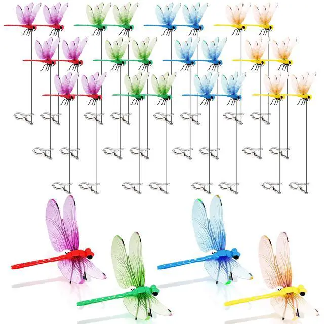 Main image of 24 Pack Dragonfly Clips, Realistic Fake Dragonfly Hummingbird Garden Stakes, Multipurpose Plastic Yard Ornaments for Outdoor Decor, Patio, Hats, Fly Deterrent for Horses, Deer, Indoor Outdoor Use