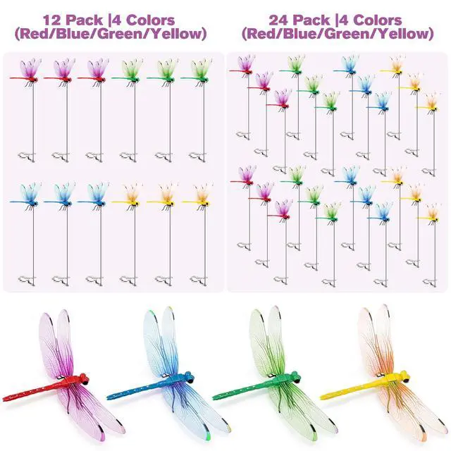 Alt view image 5 of 7 - 24 Pack Dragonfly Clips, Realistic Fake Dragonfly Hummingbird Garden Stakes, Multipurpose Plastic Yard Ornaments for Outdoor Decor, Patio, Hats, Fly Deterrent for Horses, Deer, Indoor Outdoor Use
