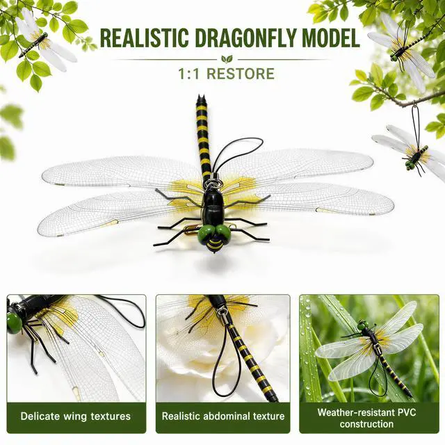 Alt view image 2 of 7 - 4PCS Dragon Fly Clips for Bugs Repellent - 3D Realistic Dragonfly Clips to Keep Bugs Away - Driving Away Mosquitoes, Bees & Flies - Fake Dragonflies for Indoor & Outdoor - Garden Decor, Patio, Hat