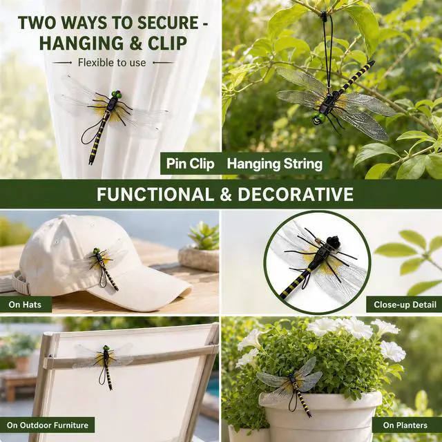 Alt view image 4 of 7 - 4PCS Dragon Fly Clips for Bugs Repellent - 3D Realistic Dragonfly Clips to Keep Bugs Away - Driving Away Mosquitoes, Bees & Flies - Fake Dragonflies for Indoor & Outdoor - Garden Decor, Patio, Hat