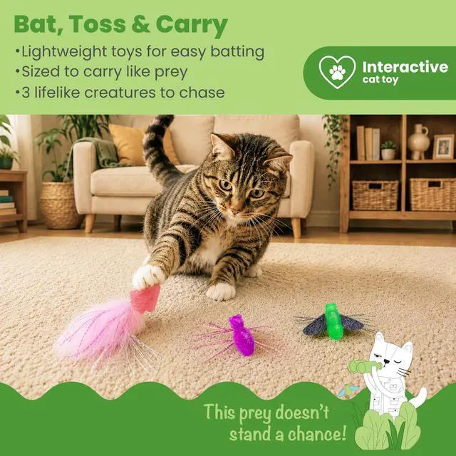 Alt view image 2 of 7 - Squish Prey Cat Toys for Cats & Kittens, Multi-Textured Soft & Squishy for Bat & Carry, Catnip Infused, 25" Long, 3-Pack (Squid, Spider, Fly)