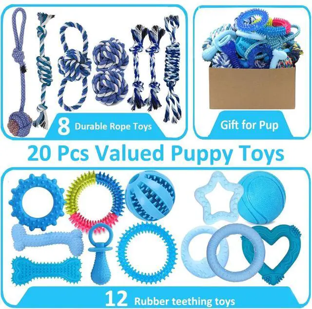 Alt view image 2 of 6 - 20 Pack Puppy Chew Toys - Blue Dog Teething Toys for Puppies, Puppy Teething Rings and Ropes, Rubber Toy Bundle for Small Dogs, Cute Interactive Dog Balls for Small Breed