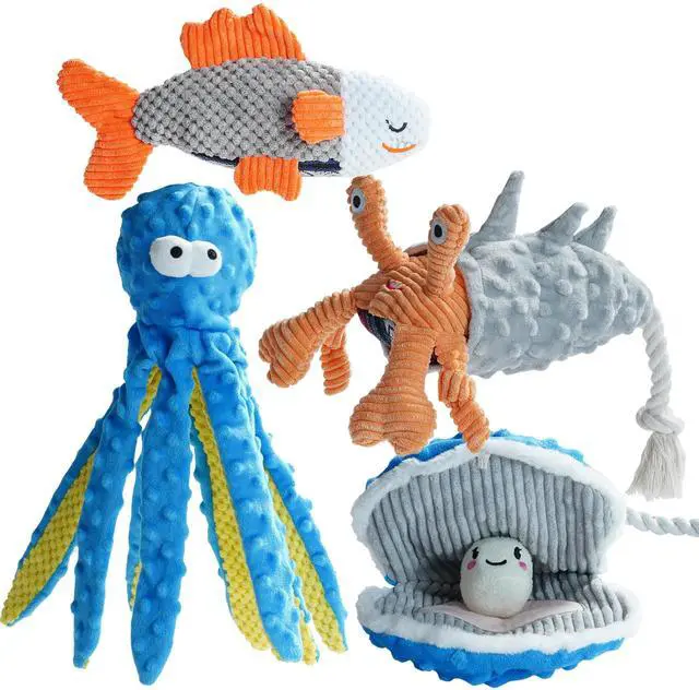 Main image of 4 Packs Crinkle Squeaky Dog Toys for Aggressive Chewers, Tough Durable Stuffed Plush Rope Tug Puppy Chew Toy for Small Medium Large Breeds