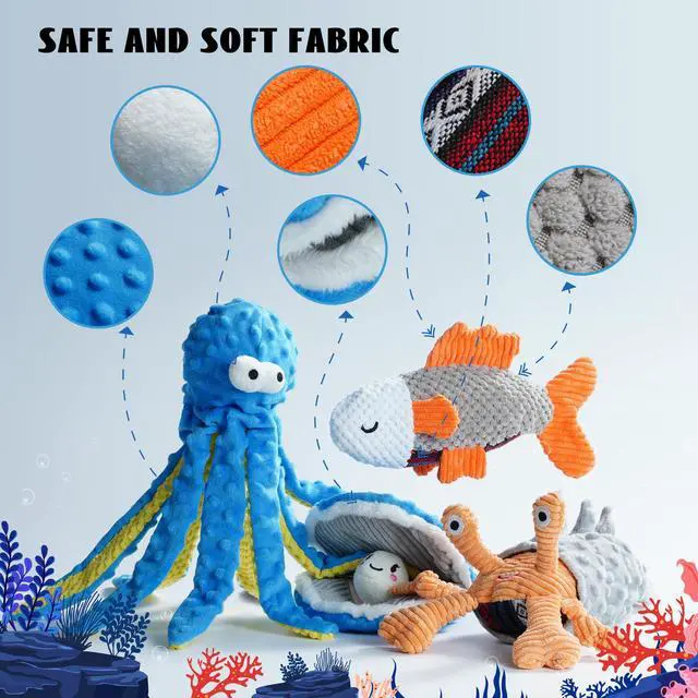Alt view image 7 of 7 - 4 Packs Crinkle Squeaky Dog Toys for Aggressive Chewers, Tough Durable Stuffed Plush Rope Tug Puppy Chew Toy for Small Medium Large Breeds