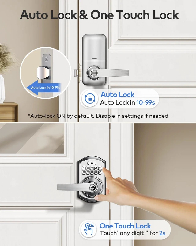 Alt view image 4 of 7 - TE004 Keyless Entry Door Lock Handle with Keypad, Satin Nickel | 20 User Codes, ANSI Grade 3 Security, One Time Code Access, Auto Lock, Durable Zinc Alloy Handle for Front Door, Bedroom