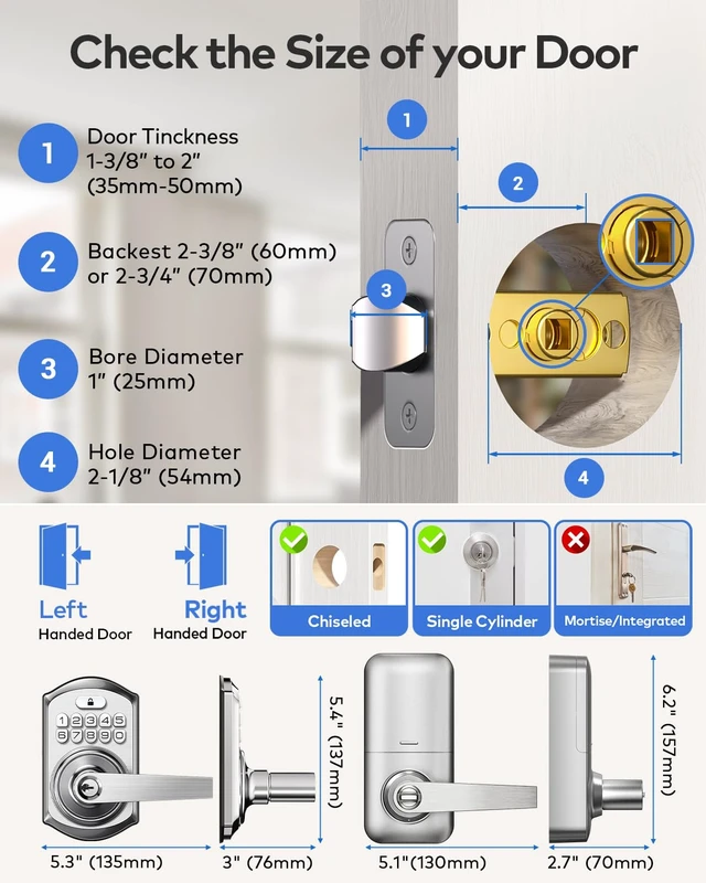 Alt view image 5 of 7 - TE004 Keyless Entry Door Lock Handle with Keypad, Satin Nickel | 20 User Codes, ANSI Grade 3 Security, One Time Code Access, Auto Lock, Durable Zinc Alloy Handle for Front Door, Bedroom