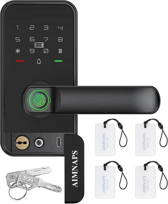 Main image of Keyless Entry Door Lock with Handle, Door Locks for Bedroom, Auto Lock, Fingerprint Door Knob with Key, Passcode, Digital Smart Code & Front Handle Sets (Black 01)