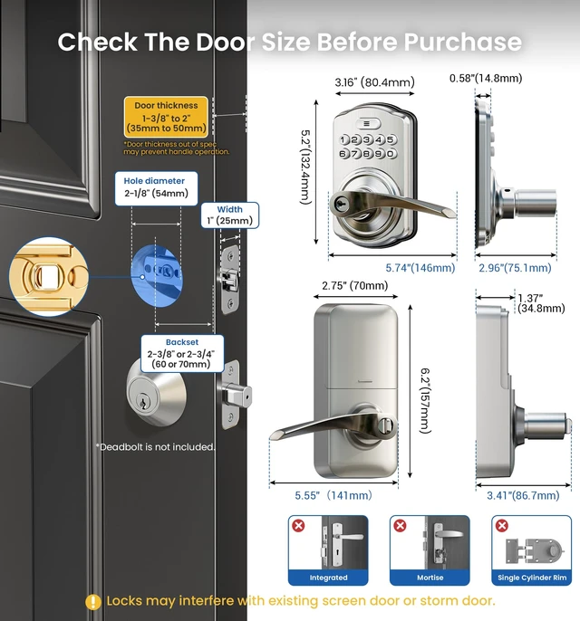 Alt view image 6 of 7 - KS04 Keypad Door Lock with Zinc Alloy Handle, Satin Nickel | Keyless Entry for Front Door & Bedroom, Auto Lock, One Time Code, 20 PIN Codes, Passage Mode, Low Battery Alert, Easy Install