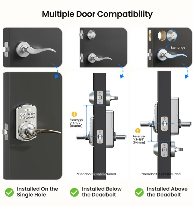 Alt view image 7 of 7 - KS04 Keypad Door Lock with Zinc Alloy Handle, Satin Nickel | Keyless Entry for Front Door & Bedroom, Auto Lock, One Time Code, 20 PIN Codes, Passage Mode, Low Battery Alert, Easy Install