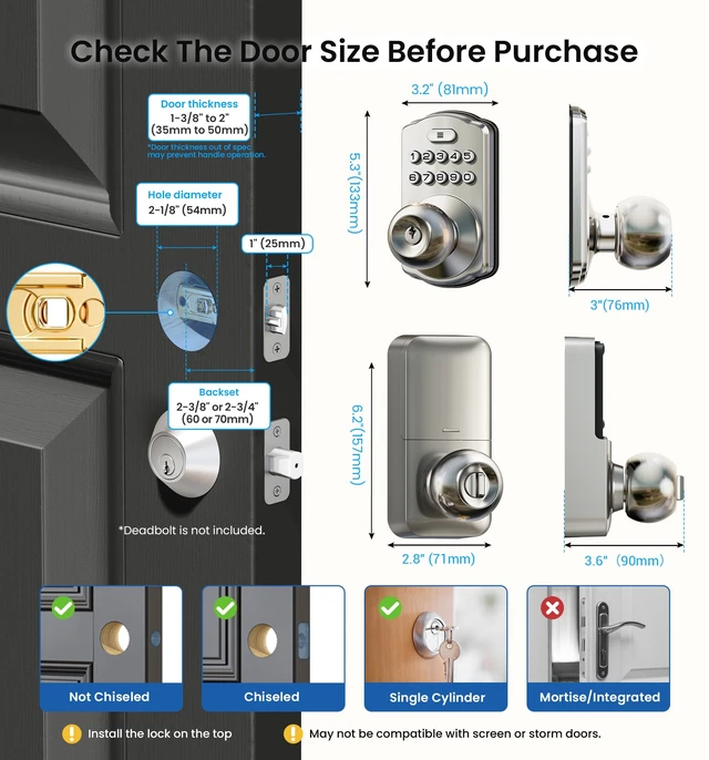 Alt view image 6 of 7 - KS03 Keypad Door Knob, Keyless Entry Lock with Handle, Satin Nickel | Electronic Backlit Keypad for Front Door & Bedroom, Auto Lock, Passage Mode, One-Time Code, Low Battery Alert, Easy Install