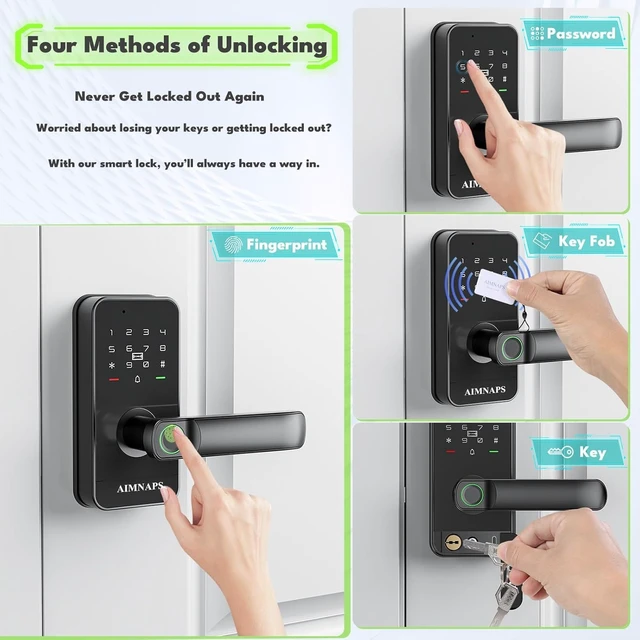 Alt view image 3 of 7 - Keyless Entry Door Lock with Handle, Door Locks for Bedroom, Auto Lock, Fingerprint Door Knob with Key, Passcode, Digital Smart Code & Front Handle Sets (Black 01)
