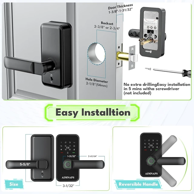 Alt view image 5 of 7 - Keyless Entry Door Lock with Handle, Door Locks for Bedroom, Auto Lock, Fingerprint Door Knob with Key, Passcode, Digital Smart Code & Front Handle Sets (Black 01)