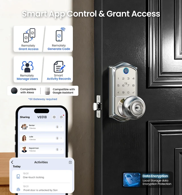 Alt view image 3 of 7 - VE018 Fingerprint Keypad Smart Door Knob Handle Lock, Satin Nickel | App Control, Electronic Touchscreen Keypad, Remote Grant Access, Fob Unlock, Auto Lock, Keyless Entry for Front Door, Bedroom