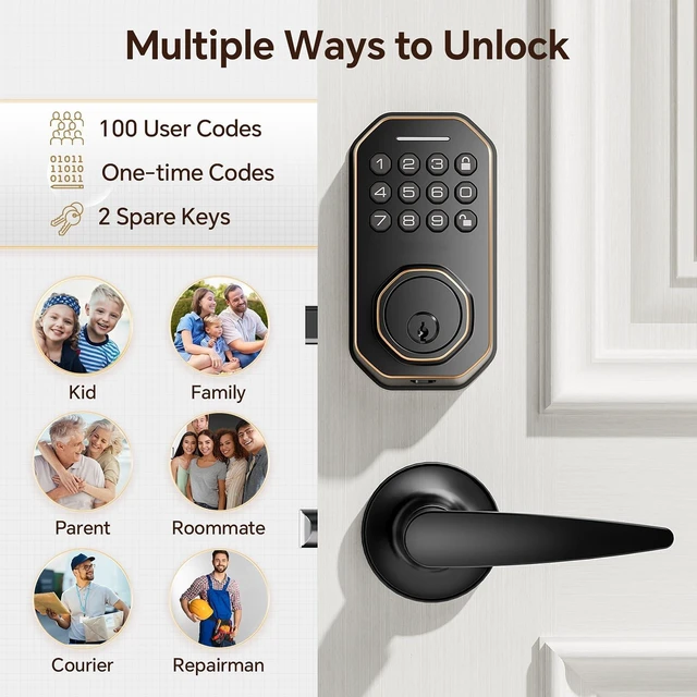 Alt view image 2 of 7 - Keyless Entry Door Lock with Handle Set | Electronic Deadbolt for Front Door, Auto Lock, One-Touch Lock, 100+ Codes, 3 Keys, Anti-Peep Code, IP54 Waterproof