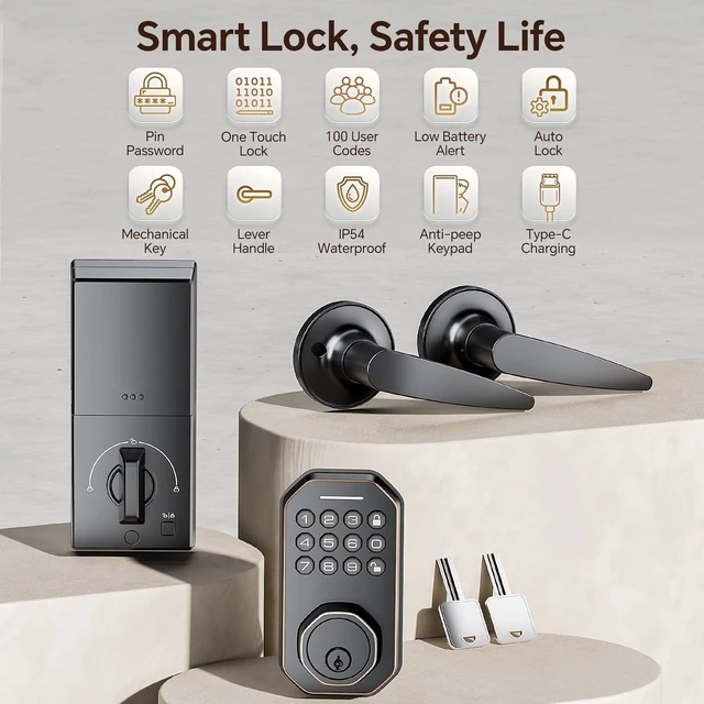 Alt view image 3 of 7 - Keyless Entry Door Lock with Handle Set | Electronic Deadbolt for Front Door, Auto Lock, One-Touch Lock, 100+ Codes, 3 Keys, Anti-Peep Code, IP54 Waterproof