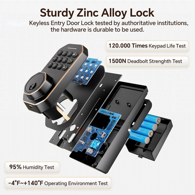 Alt view image 5 of 7 - Keyless Entry Door Lock with Handle Set | Electronic Deadbolt for Front Door, Auto Lock, One-Touch Lock, 100+ Codes, 3 Keys, Anti-Peep Code, IP54 Waterproof