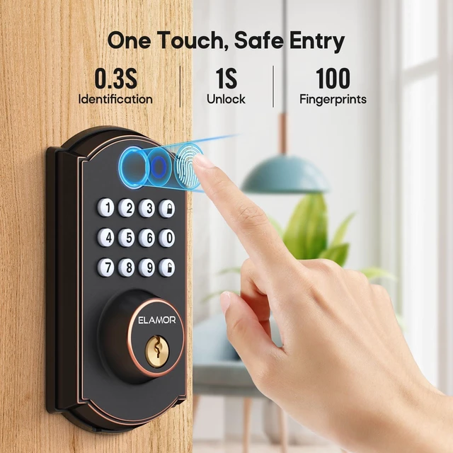 Alt view image 3 of 7 - M19 Fingerprint Door Lock, Smart Keyless Entry Deadbolt for Front Door ORB | 100 Fingerprints, 50 User Codes, Keyless Entry, 0.3s Recognition, Auto Locking, IP54 Waterproof, USB-C Backup Power