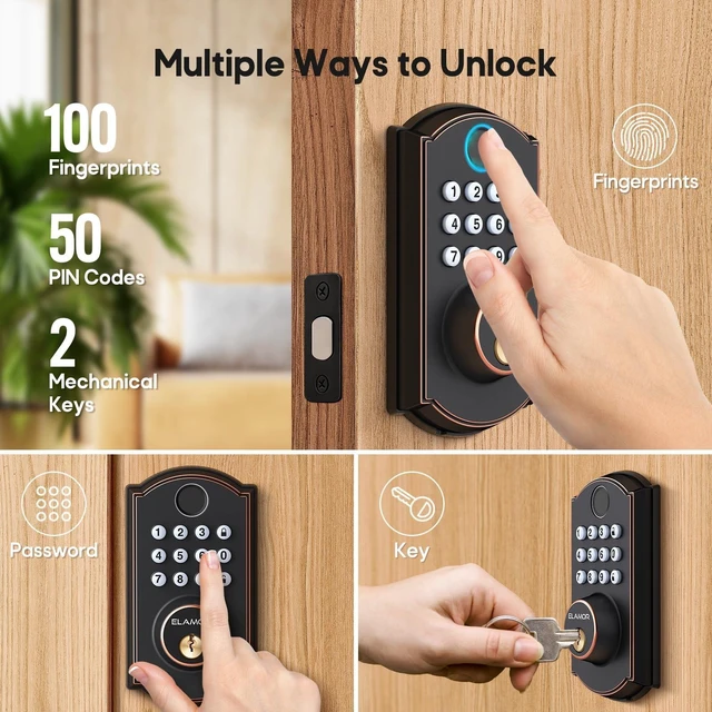 Alt view image 4 of 7 - M19 Fingerprint Door Lock, Smart Keyless Entry Deadbolt for Front Door ORB | 100 Fingerprints, 50 User Codes, Keyless Entry, 0.3s Recognition, Auto Locking, IP54 Waterproof, USB-C Backup Power