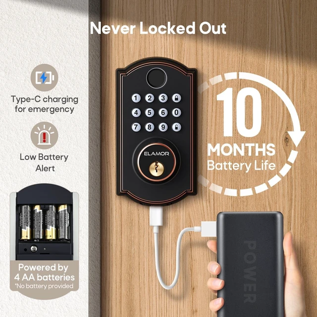 Alt view image 7 of 7 - M19 Fingerprint Door Lock, Smart Keyless Entry Deadbolt for Front Door ORB | 100 Fingerprints, 50 User Codes, Keyless Entry, 0.3s Recognition, Auto Locking, IP54 Waterproof, USB-C Backup Power