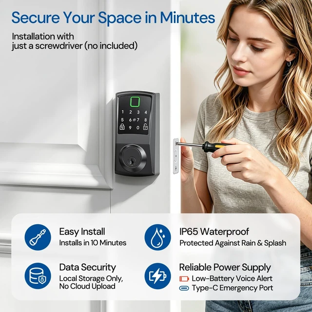 Alt view image 5 of 6 - 7-in-1 Keyless Smart Deadbolt Lock | Keypad Deadbolt,Easy Installation,Fingerprint unlock,Remote Control,Auto Lock,Waterproof