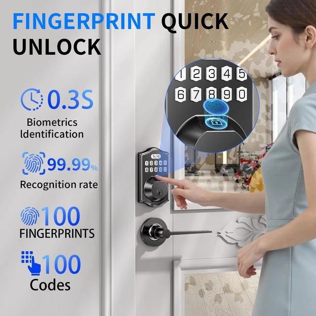 Alt view image 2 of 6 - Keyless Entry Door Lock Deadbolt: 0.3s Fingerprint Recognition - Front Door | 15-Min Quick DIY Installation & 100 Fingerprints 100 Codes | All-Weather Residential Exterior (Backlit Touchscreen Keypad)