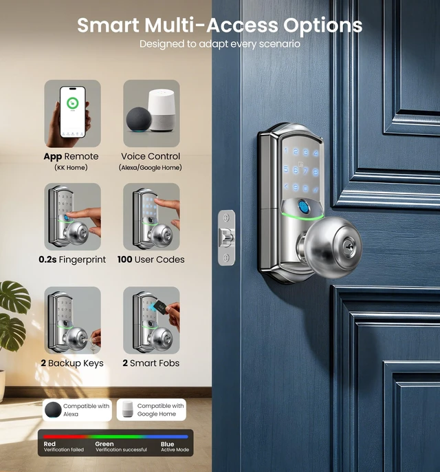Alt view image 3 of 7 - VE028 WiFi Fingerprint Smart Door Lock with Knob Handle, Satin Nickel | Remote App, Voice Control, Fob Unlock, Electronic Touchscreen Keypad, Keyless Entry, Auto Lock, for Front Door, Bedroom