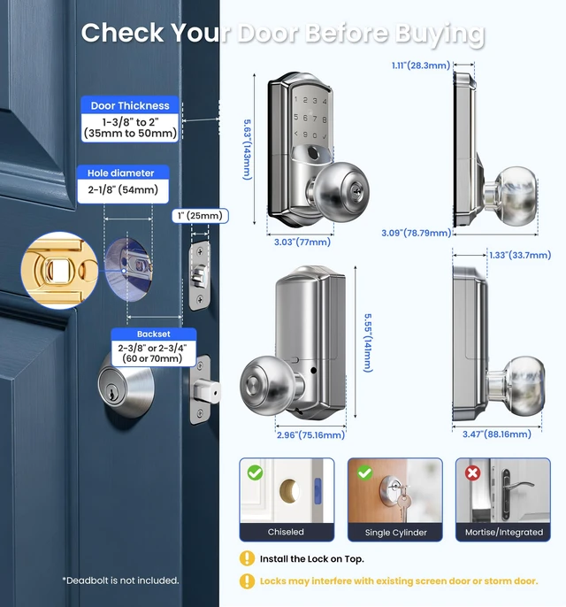 Alt view image 7 of 7 - VE028 WiFi Fingerprint Smart Door Lock with Knob Handle, Satin Nickel | Remote App, Voice Control, Fob Unlock, Electronic Touchscreen Keypad, Keyless Entry, Auto Lock, for Front Door, Bedroom