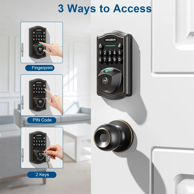 Alt view image 2 of 7 - Keyless Entry Code Door Lock with Knob Set for Both Front Door or Bedroom | 10 Mins Assembly,Fingerprint Door Handle Set with Keypad,Auto Lock,Anti-Peep Code,One-time Code,Waterproof,Oil-Rubbed Bronze