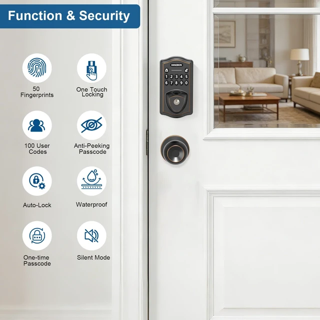 Alt view image 4 of 7 - Keyless Entry Code Door Lock with Knob Set for Both Front Door or Bedroom | 10 Mins Assembly,Fingerprint Door Handle Set with Keypad,Auto Lock,Anti-Peep Code,One-time Code,Waterproof,Oil-Rubbed Bronze
