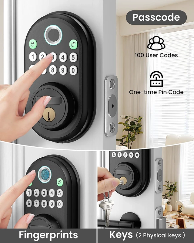 Alt view image 2 of 7 - Fingerprint Door Lock for Front Door, Keyless Entry Smart Deadbolt Lock | Keypad Deadbolt with 2 Keys, Auto Locking, Easy Installation, Modern Digital Lock with Code for Smart Locks & Home Security