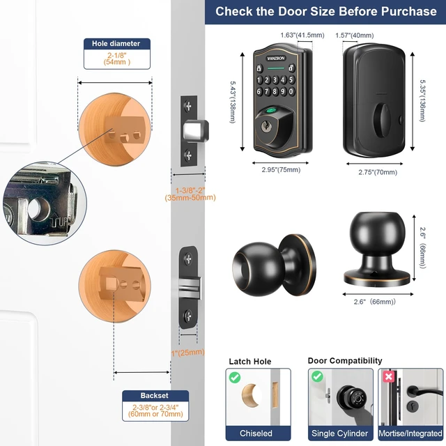 Alt view image 5 of 7 - Keyless Entry Code Door Lock with Knob Set for Both Front Door or Bedroom | 10 Mins Assembly,Fingerprint Door Handle Set with Keypad,Auto Lock,Anti-Peep Code,One-time Code,Waterproof,Oil-Rubbed Bronze