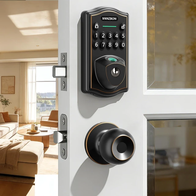 Main image of Keyless Entry Code Door Lock with Knob Set for Both Front Door or Bedroom | 10 Mins Assembly,Fingerprint Door Handle Set with Keypad,Auto Lock,Anti-Peep Code,One-time Code,Waterproof,Oil-Rubbed Bronze