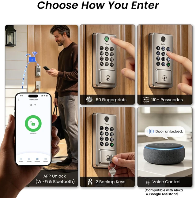 Alt view image 2 of 7 - DK012W WiFi Smart Fingerprint Deadbolt Front Door Lock, Satin Nickel | Built in Wi-Fi, Remote APP Control, Alexa Compatible, Auto Lock, IP65 Waterproof, Keyless Entry, Electronic Backlit Keypad